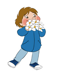 Boy holding daisies